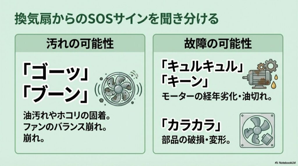 汚れ、モーター劣化、部品破損による「ブーン」「キーン」「カラカラ」といった異音の例