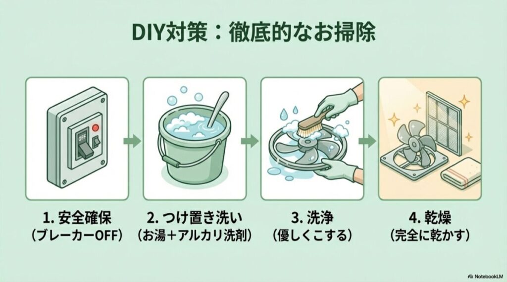 ブレーカーをOFFにし、つけ置き洗い、洗浄、乾燥させる4ステップのイラスト
