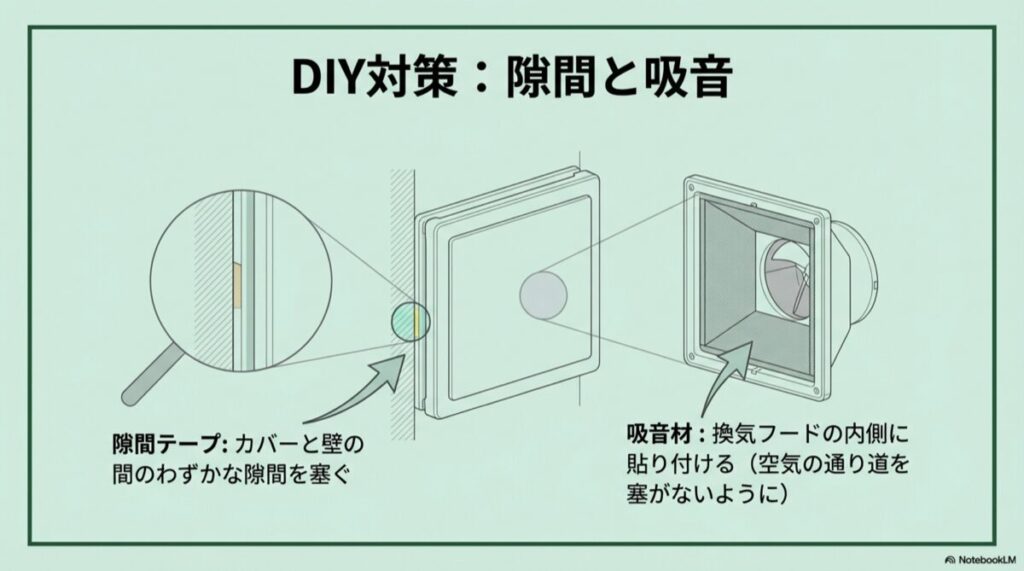換気口の隙間テープによる穴埋めと、フード内側への吸音材貼り付けの図解