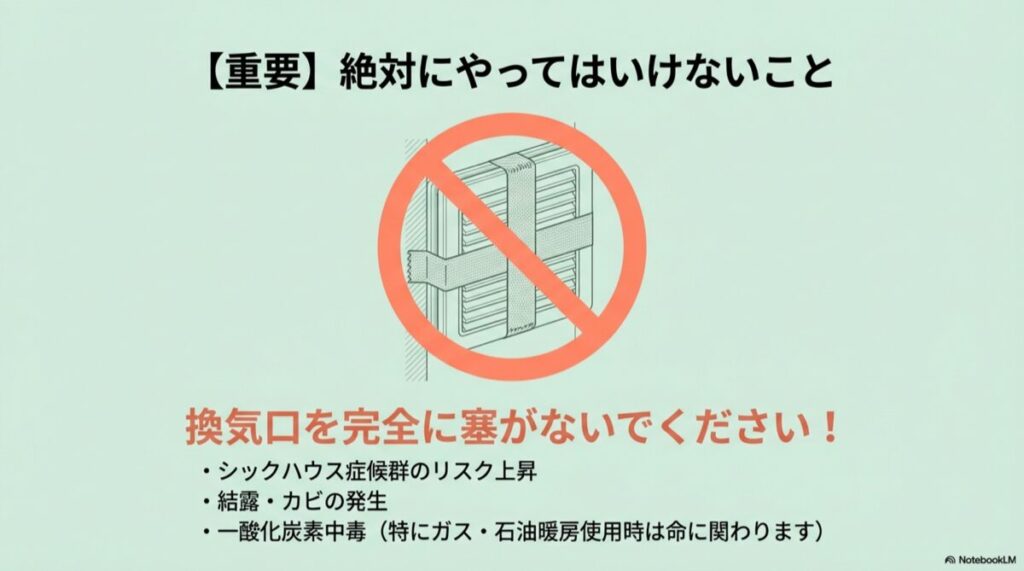 換気口にバツ印のテープが貼られた、絶対にやってはいけないNG例のイラスト