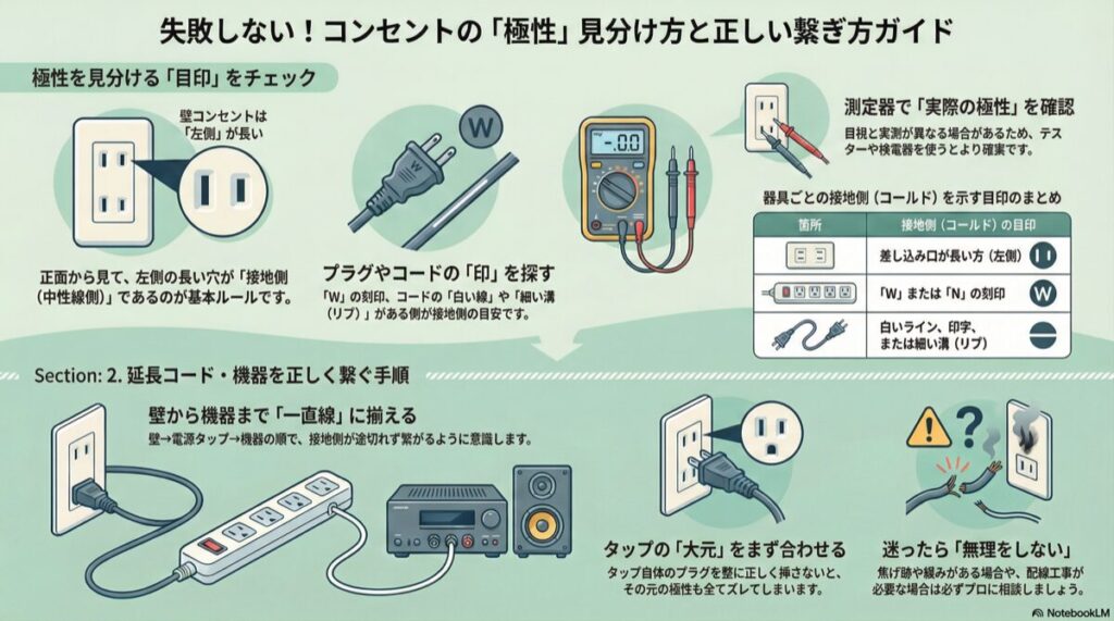 失敗しない！コンセントの「極性」見分け方と正しい繋ぎ方ガイド