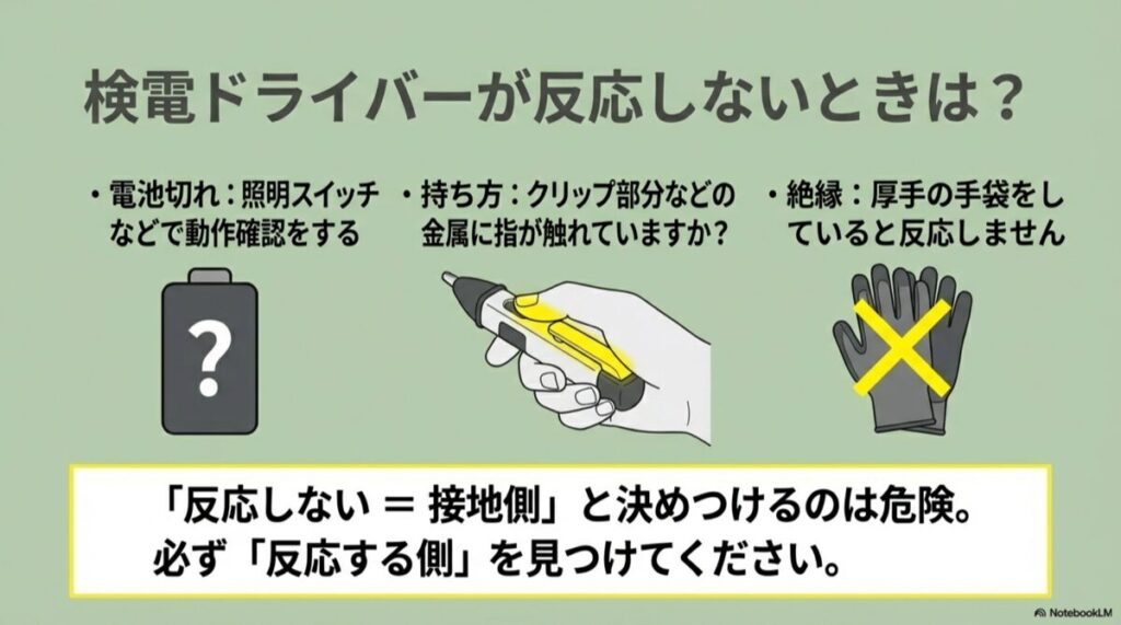 厚手の手袋をしていたり、持ち方が不適切で検電器が反応しない状況を示すイラスト