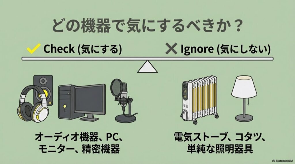 オーディオやPCはチェック、ストーブや単純な照明は無視してよいことを示す比較表