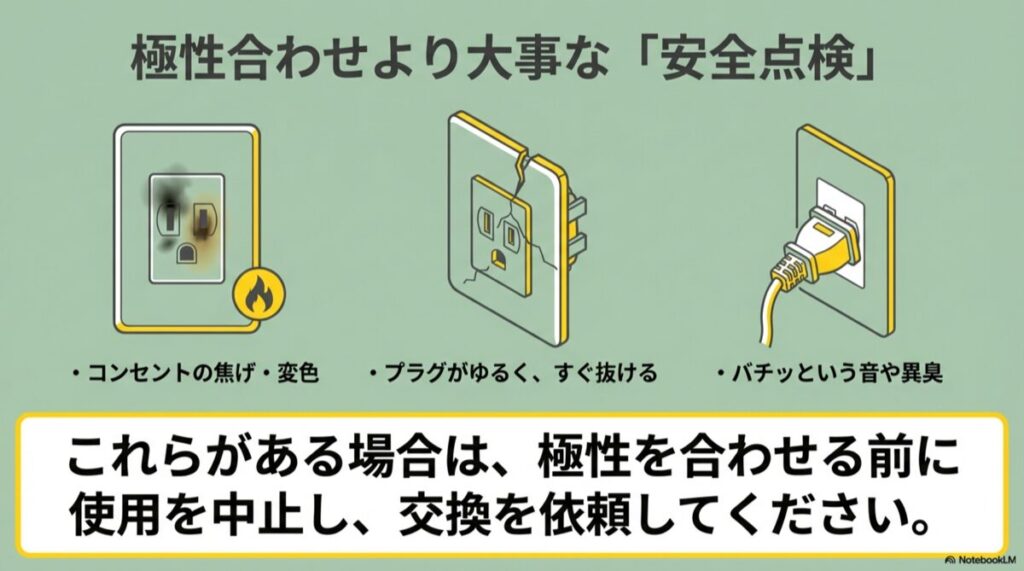 焦げ、変色、ひび割れ、プラグのゆるみなど、火災リスクのあるコンセントの状態図