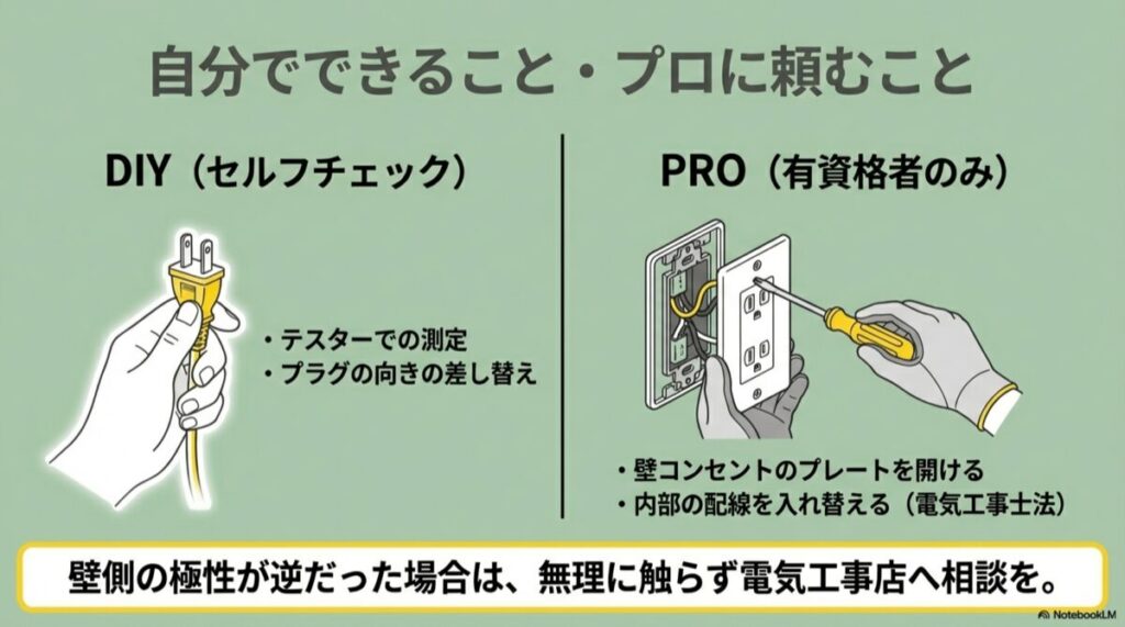 テスター測定などはDIY、壁内部の配線入れ替えはプロ（有資格者）が行うべきことを示す図解