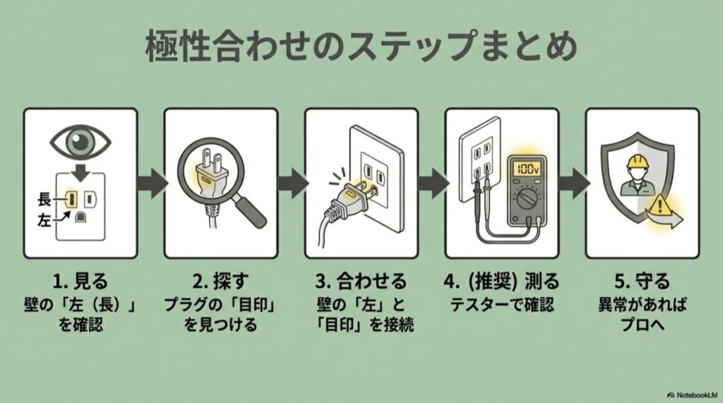 1.見る、2.探す、3.合わせる、4.測る、5.守る、という手順をアイコン化したまとめ図