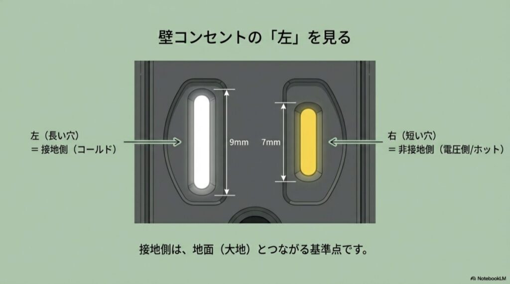 左側の長い穴(9mm)が接地側、右側の短い穴(7mm)が非接地側であることを示すイラスト