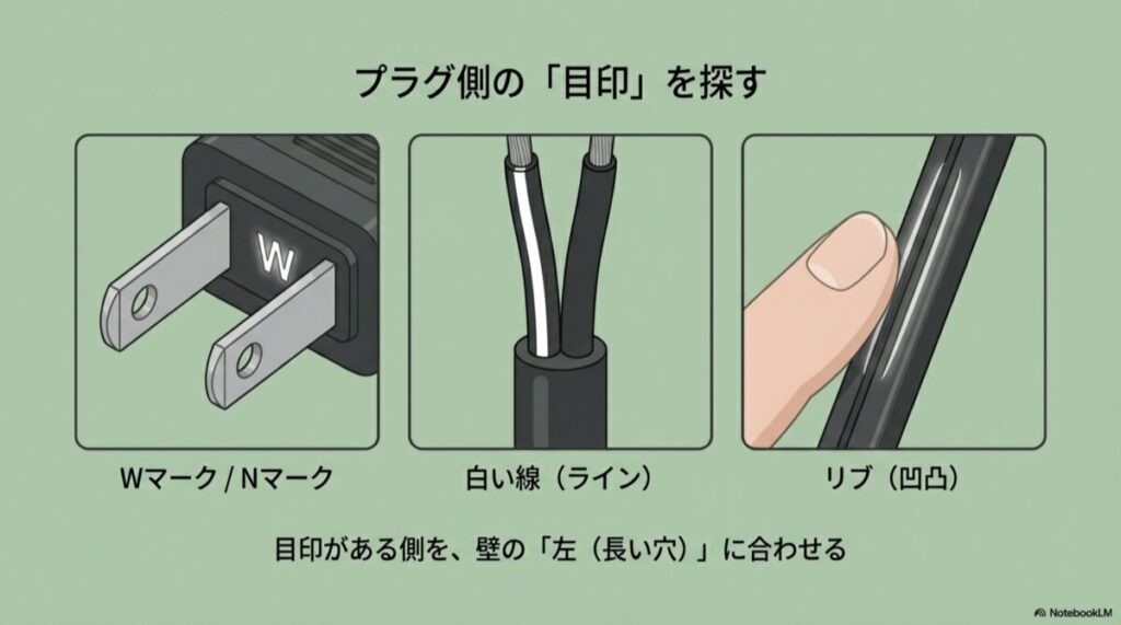 プラグの刃の根元にあるWマークや、コードの白いライン、凹凸（リブ）の例を示す写真