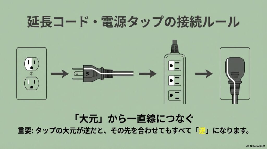 壁コンセントから電源タップ、そして機器へと、接地側を一直線に揃えてつなぐ手順の図解