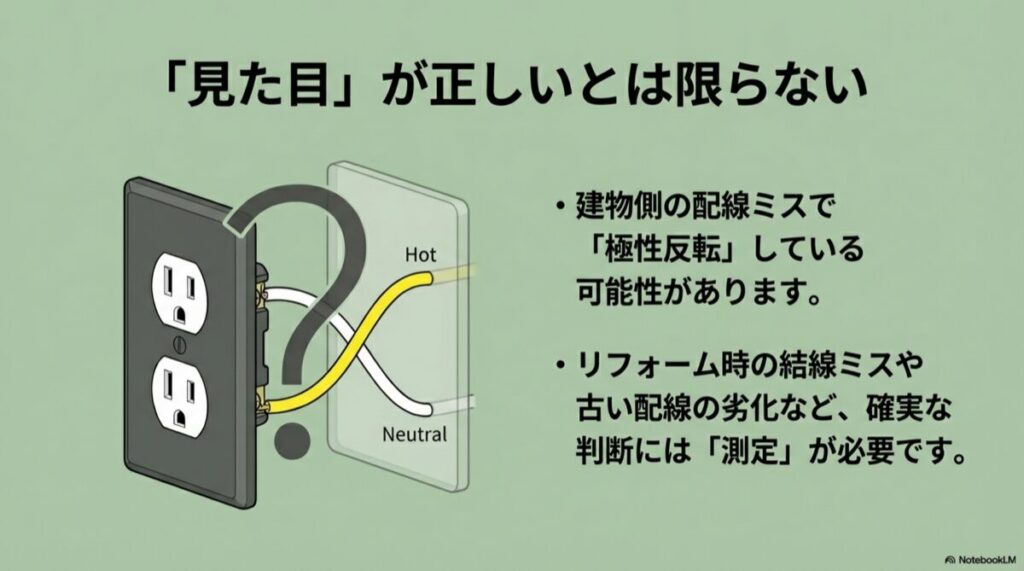 壁の内側の配線が入れ替わっており、長い穴が必ずしも接地側ではない可能性を示すイラスト
