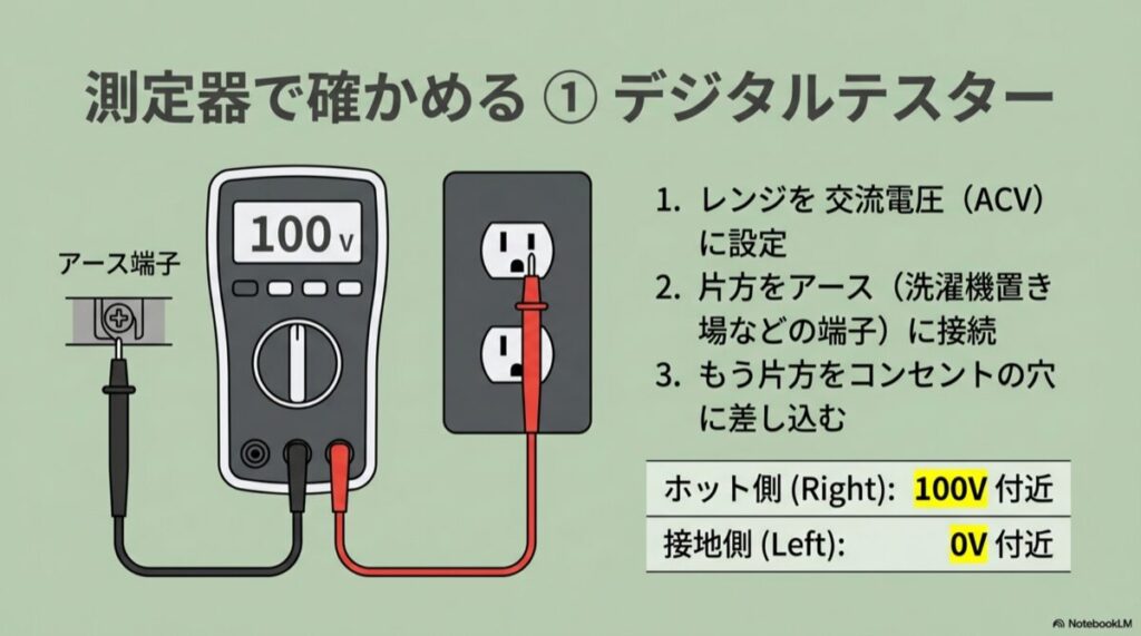 テスターの片方をアース端子に、もう片方をコンセント穴に差し込み、電圧の差を確認する手順図