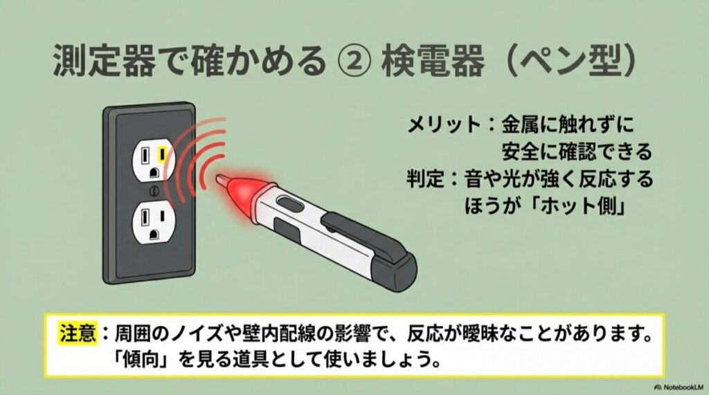 ペン型検電器をコンセントに近づけ、音や光の反応でホット側を特定する様子