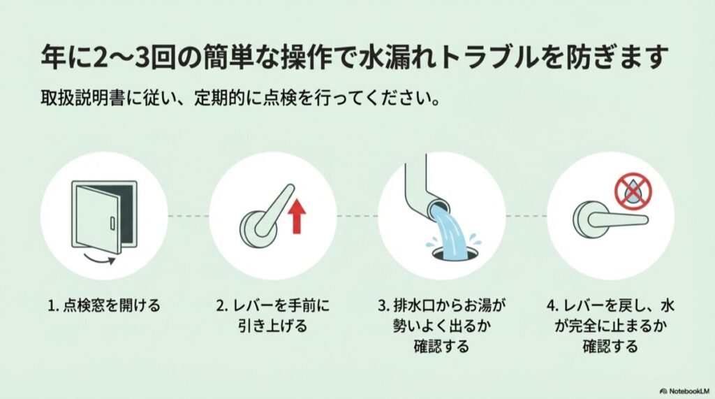 点検窓を開け、レバーを引き上げ、排水を確認し、レバーを戻す4段階の操作手順イラスト。