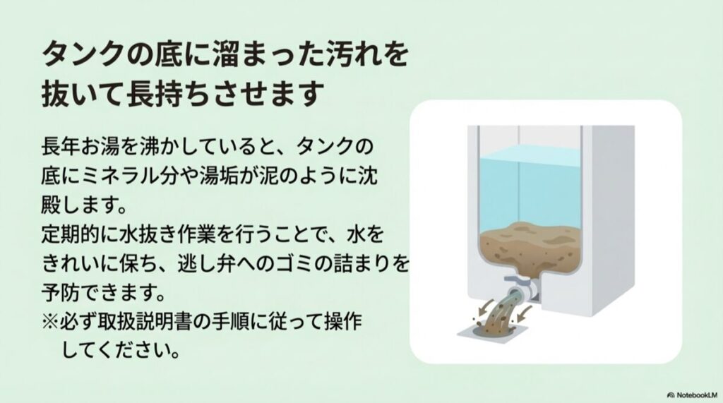 タンクの底に溜まった泥状の不純物を、排水栓から排出している断面図。