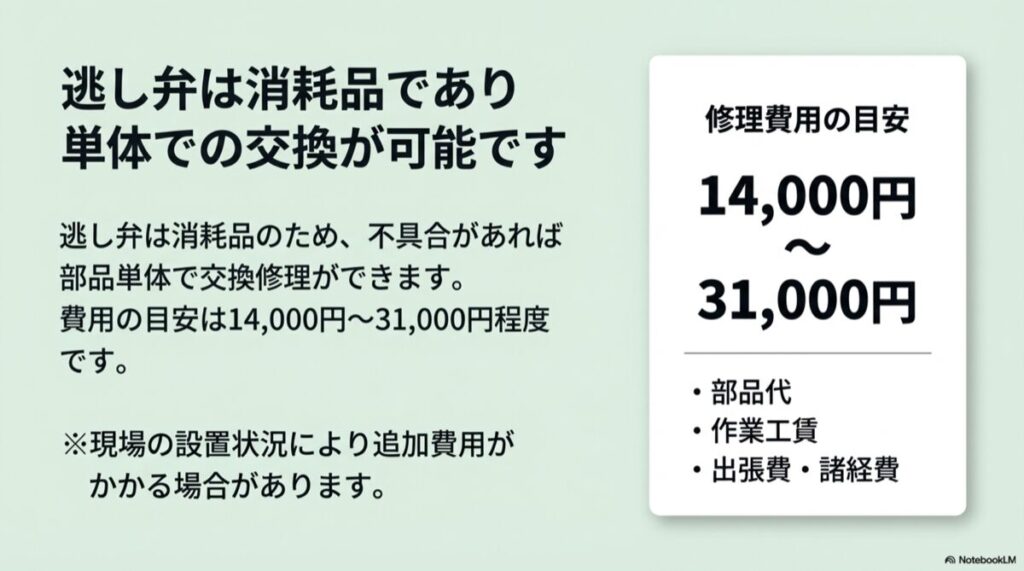 逃し弁交換の費用目安(14,000円〜31,000円)と、部品代・工賃・出張費の内訳。