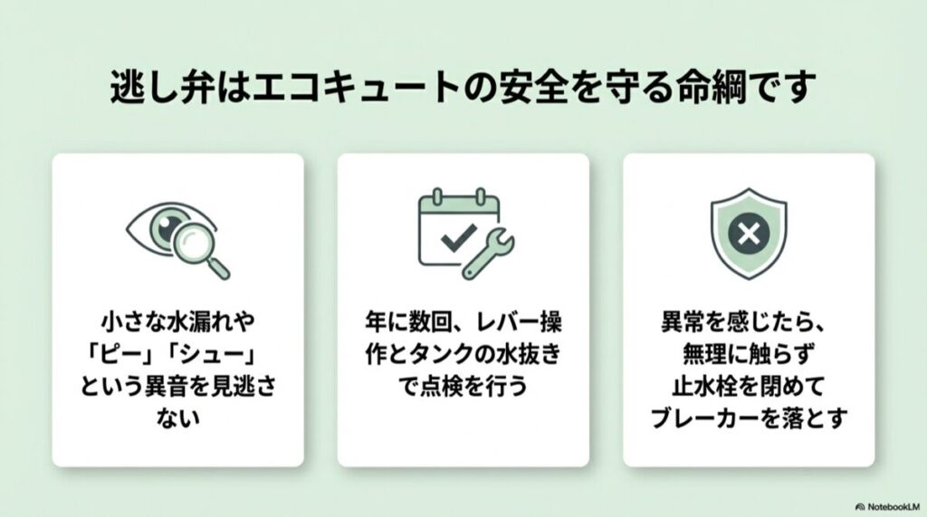 異音を見逃さない、年に数回の点検、異常時は止水栓を閉めるという3つのポイントをまとめたアイコン。