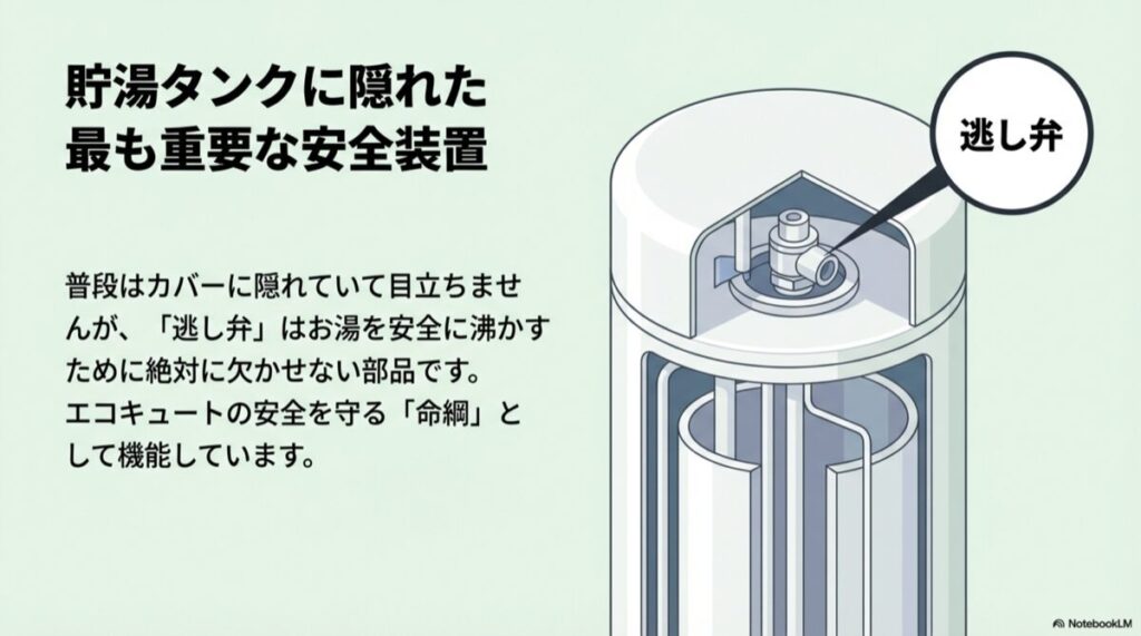 エコキュートの貯湯タンク上部に設置された逃し弁のイラスト。安全を守る命綱であることの解説。