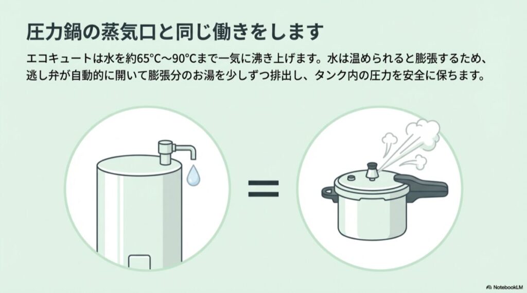 貯湯タンクからお湯が出るイラストと、蒸気を出す圧力鍋を並べた比較図。温められて膨張した圧力を逃がす仕組みの解説。