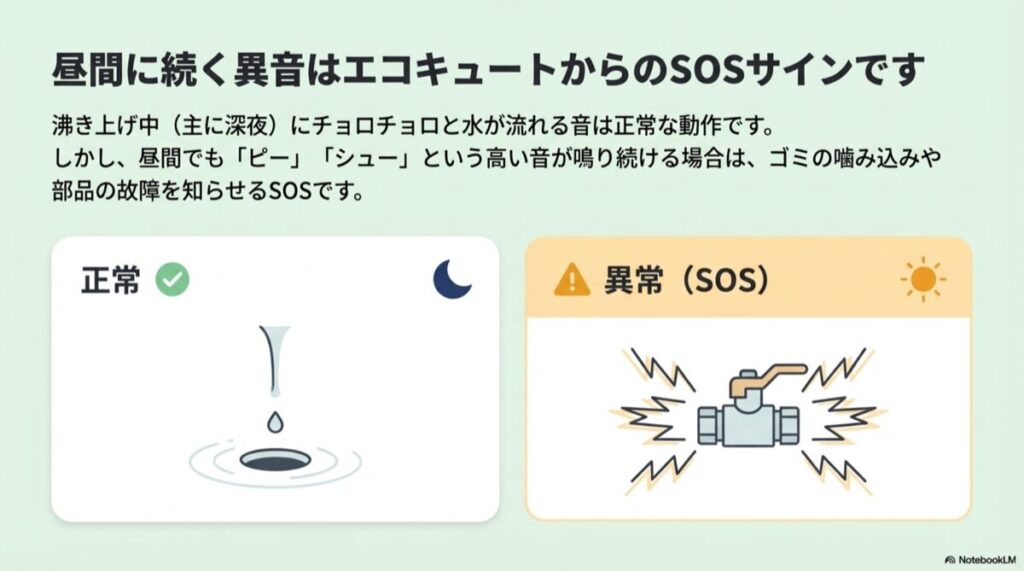 沸き上げ中のチョロチョロ音は「正常」、昼間のピー・シュー音は「異常(SOS)」と記された比較イラスト。