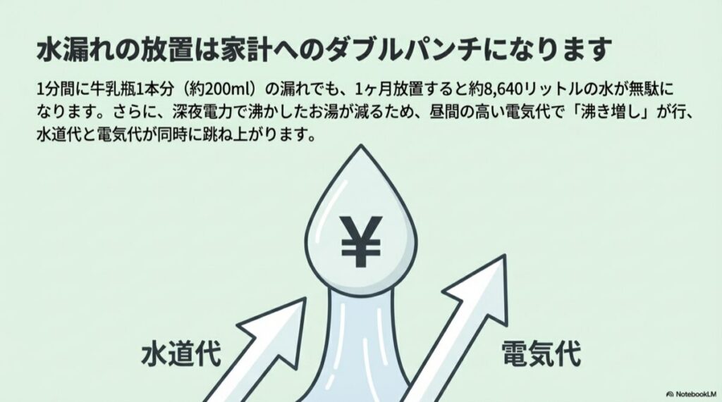 水滴の中に「¥」マークがあり、水道代と電気代の矢印が上昇しているイラスト。1ヶ月で約8,640リットルの無駄になる解説。
