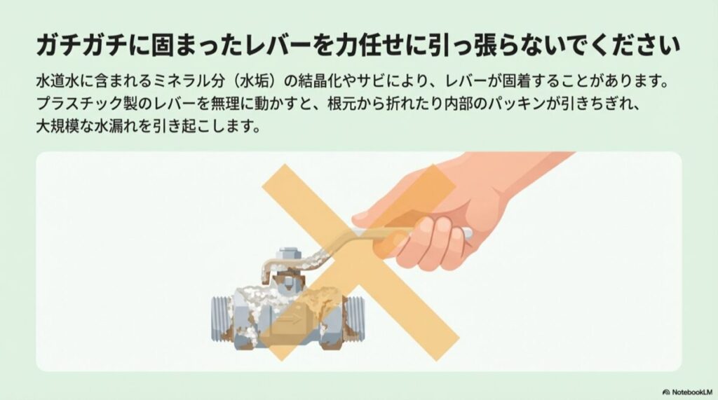 ガチガチに固まったレバーを力任せに操作してはいけないことを示すイメージ。
