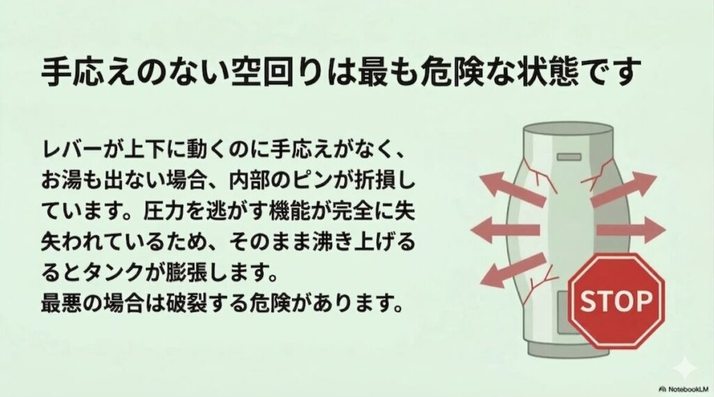 内部のピンが折れ、圧力が逃げずにパンパンに膨らんで変形した貯湯タンクのイラストと「STOP」の警告。
