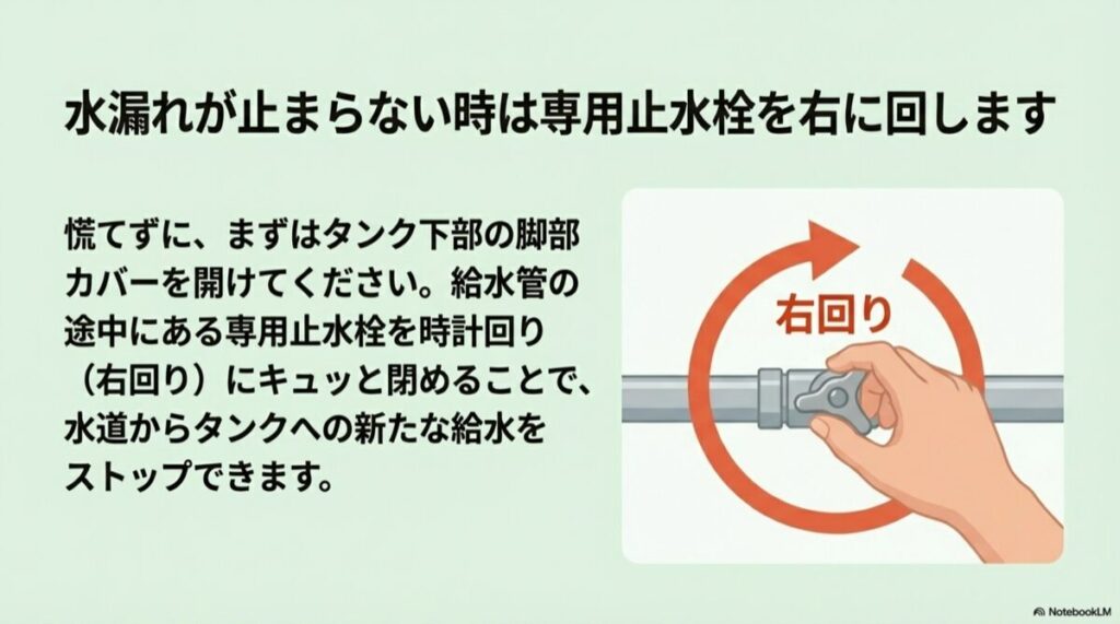 タンク下部の脚部カバー内にある止水栓を、時計回り(右回り)に回して閉める操作のイラスト。