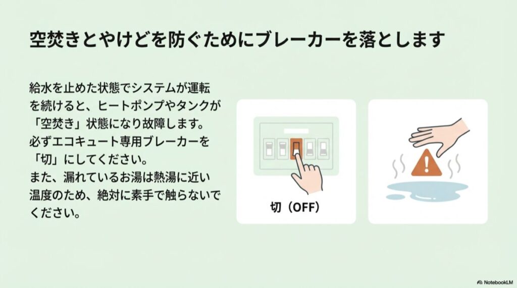 手をお湯に近づけない警告マークと、ブレーカーを「切」にするイラスト。空焚き防止と安全確保の注意喚起。