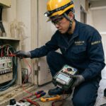 漏電調査をしている電気工事士の画像