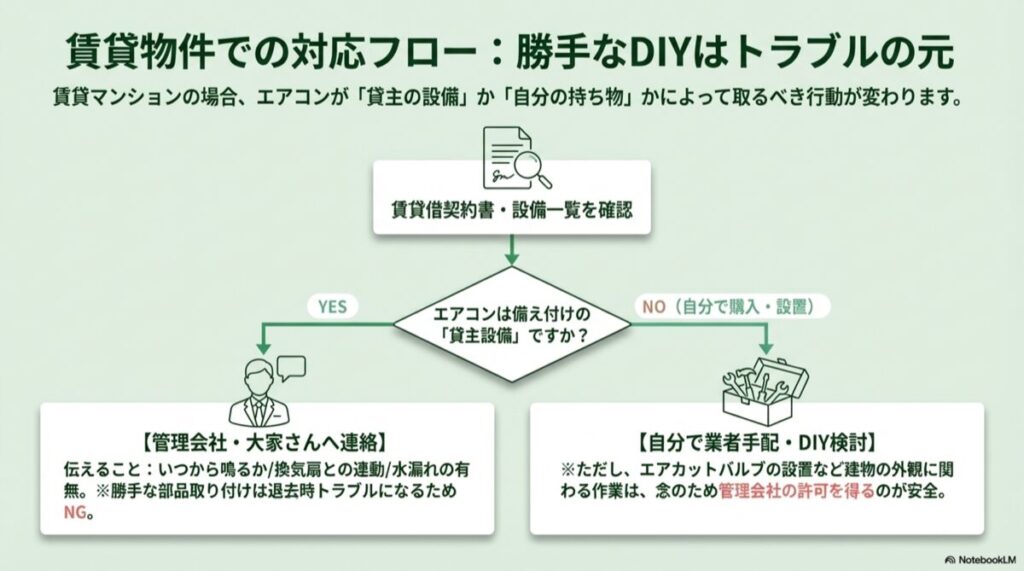 エアコンが貸主設備か自己所有かによって、管理会社連絡か自己手配かを判断するフローチャート