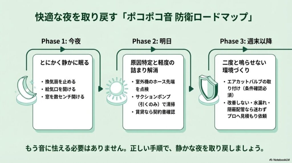 フェーズ1:今夜(応急処置)、フェーズ2:明日(原因特定)、フェーズ3:週末以降(根本解決)の進め方