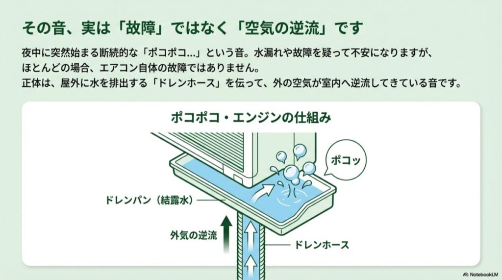 ドレンホースから外気が逆流し、ドレンパンの結露水で空気が弾けてポコポコ音が鳴る図解