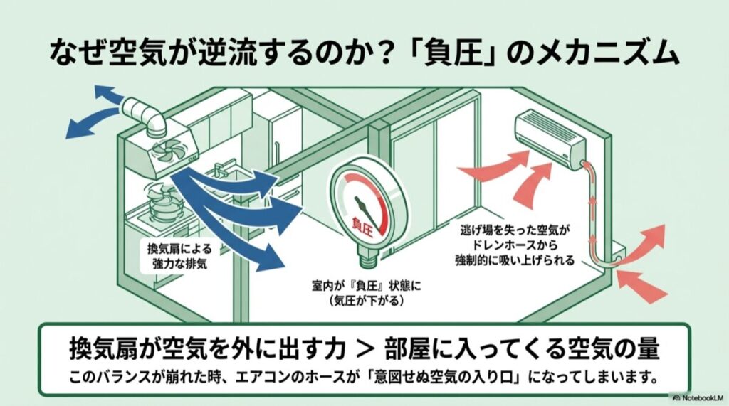 換気扇の強力な排気により室内が負圧状態になり、ドレンホースから空気が吸い上げられる仕組みの図