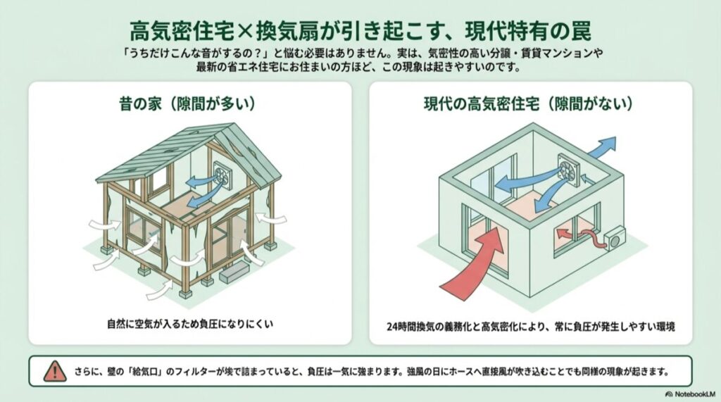 隙間が多い昔の家と、隙間がなく負圧になりやすい現代の高気密住宅の空気の流れの比較図