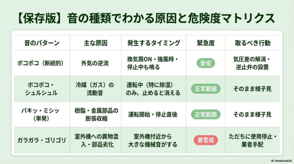 ポコポコ、ボコボコ、パキッ、ガラガラなど音の種類別の原因・タイミング・緊急度・行動をまとめた表