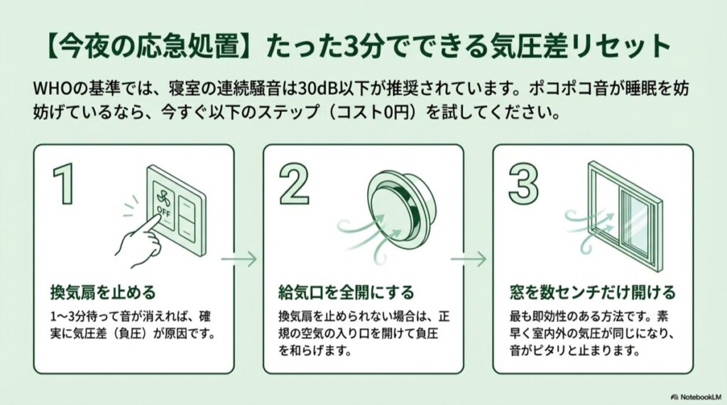 1.換気扇を止める、2.給気口を全開にする、3.窓を数センチ開けるという3つの手順のイラスト