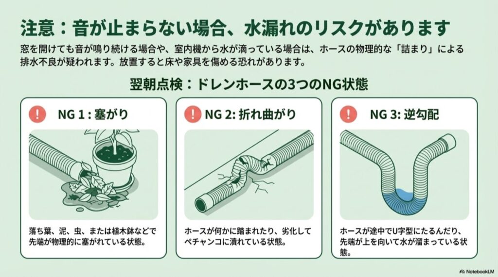 落ち葉での塞がり、ホースの折れ曲がり、U字型の逆勾配など排水不良の原因となる3つの例
