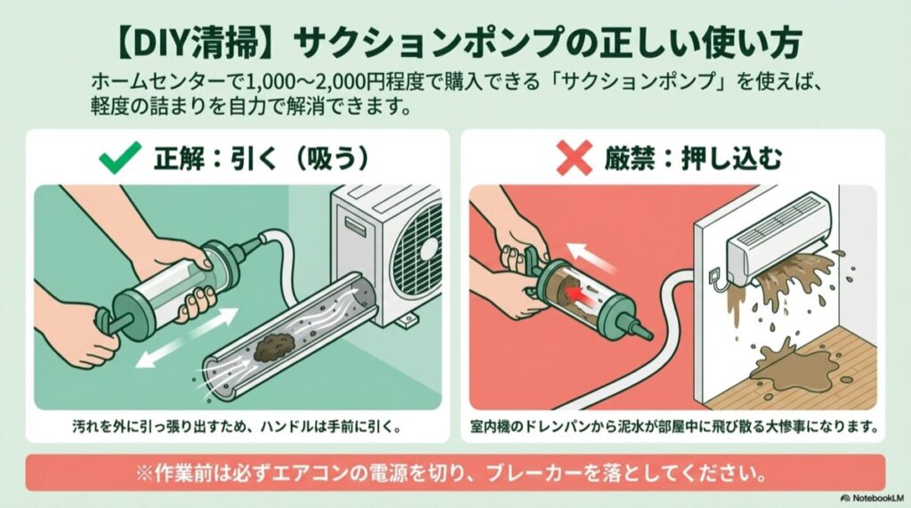 サクションポンプで汚れを「引く」正しい操作と、室内へ汚水が飛散する「押し込み」厳禁の注意図