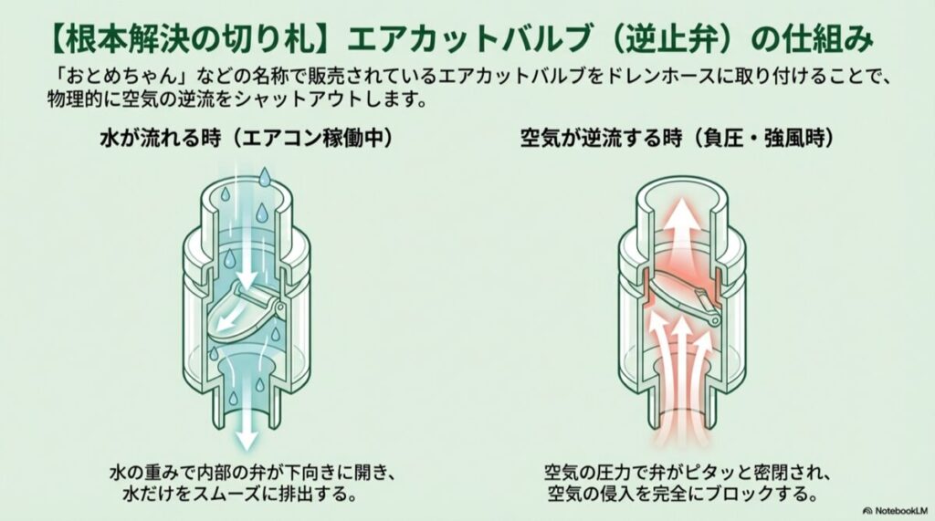 水がある時は重みで弁が開き、空気が逆流する時は圧力で弁が閉じてブロックする仕組みの図