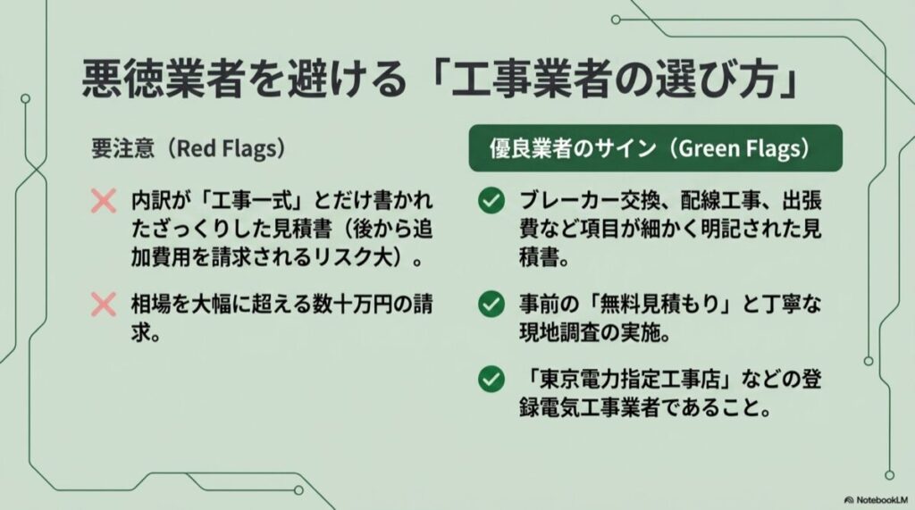 ざっくりした見積もりなどの要注意サインと、細かい明細や登録業者などの優良サインの比較