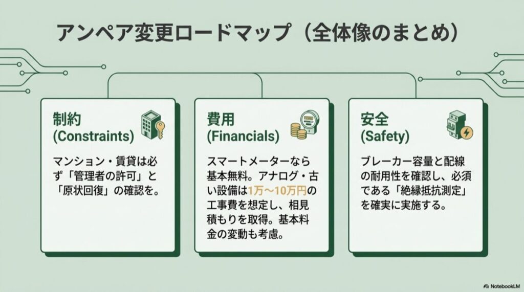 マンションの制約、メーターごとの費用、ブレーカーの安全確保などアンペア変更の全体像をまとめた図