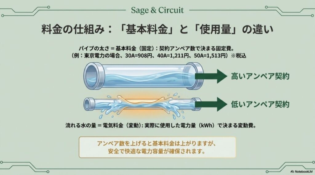 水道のパイプの太さを基本料金、流れる水の量を使用量に例えて電気料金の仕組みを分かりやすく解説する図
