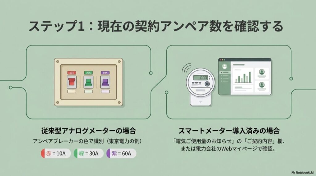 10Aは赤、30Aは緑、60Aは紫など、ブレーカーの色によるアンペア数の見分け方を示すイラスト