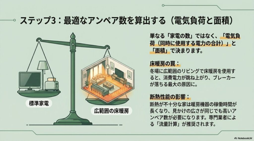 標準家電と広範囲の床暖房の電気負荷を天秤にかけ、床暖房が高い電力を消費することを示すイラスト