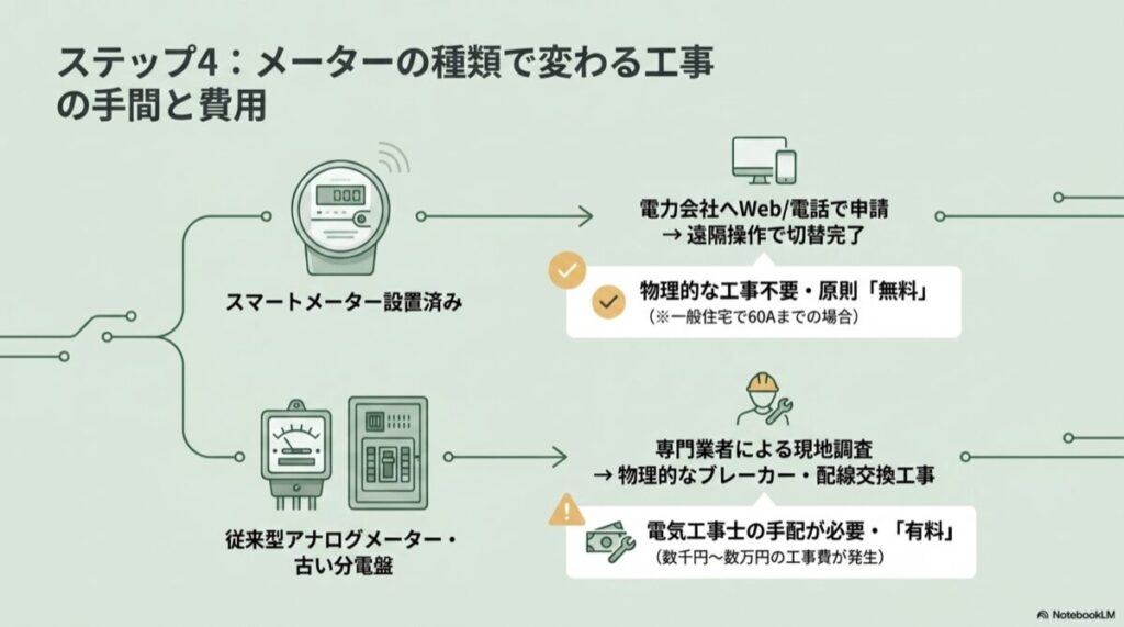 スマートメーターは遠隔操作で無料、従来型アナログメーターは現地工事で有料になる条件の違い