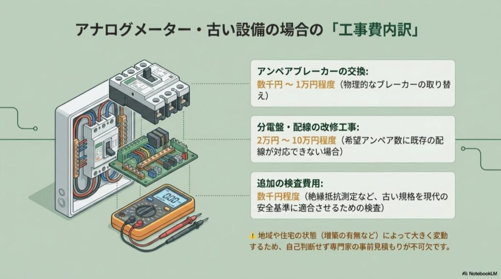 ブレーカー交換や分電盤改修、追加検査にかかる工事費用の相場を示す図