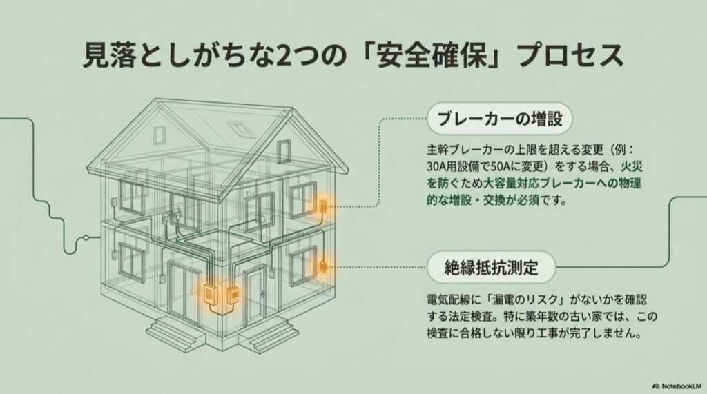 ーカー増設と絶縁抵抗測定による安全確保	住宅の配線図と、火災や漏電を防ぐためのブレーカー増設および絶縁抵抗測定の重要性を示す図