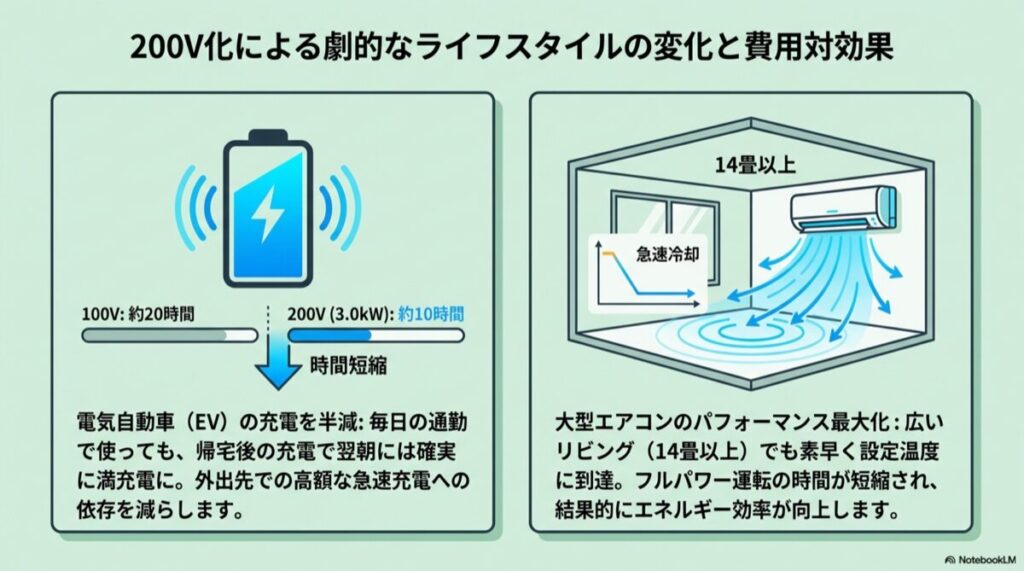 100Vと200V充電の比較（約20時間対約10時間）を示す図解