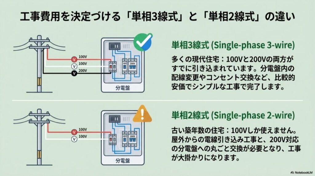 分電盤の配線方式（単相2線式・3線式）の比較図解