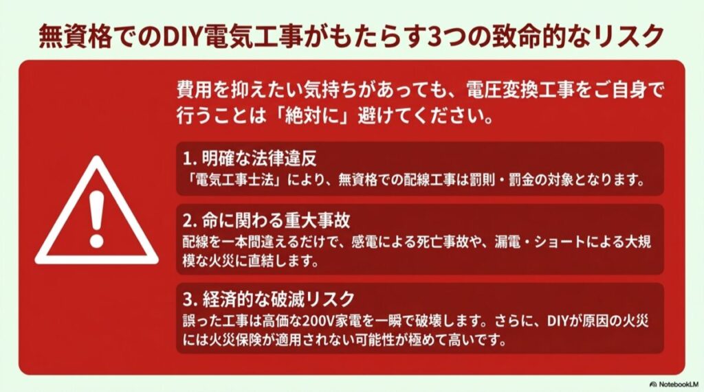 無資格でのDIY工事が引き起こす感電・火災・法律違反のリスク警告アイコン